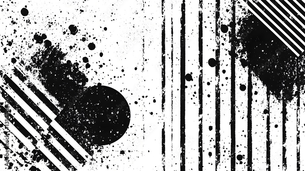 Poster Visually striking abstract composition featuring bold monochromatic geometric shapes dynamic splatter patterns and clean minimalist design elements
