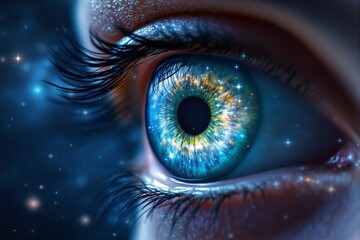 Close-up of a human eye with a cosmic galaxy effect in the iris, surrounded by glowing stars and a dreamy background. Concept of vision and imagination. Ai generative