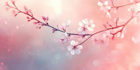 Beautiful branches of cherry blossoms against a soft pink background