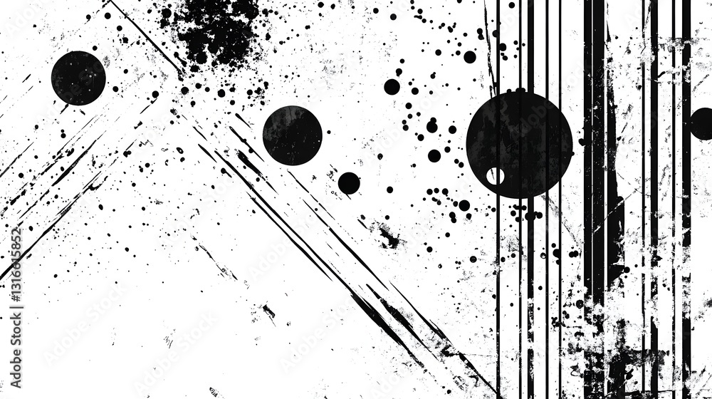 Poster Visually striking abstract monochrome digital art piece featuring bold geometric patterns dynamic splatter effect and minimalist design elements
