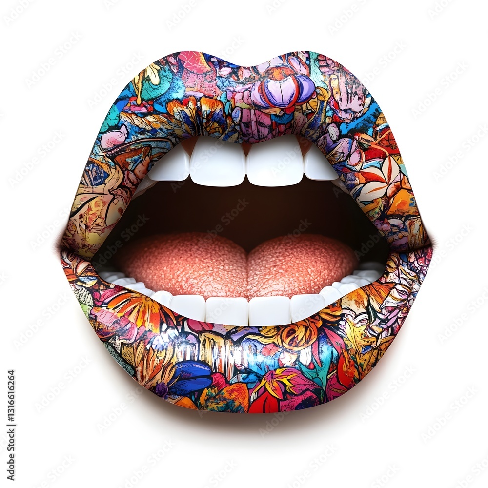 Poster visually striking and captivating image of open lips in a vibrant abstract and psychedelic pattern t