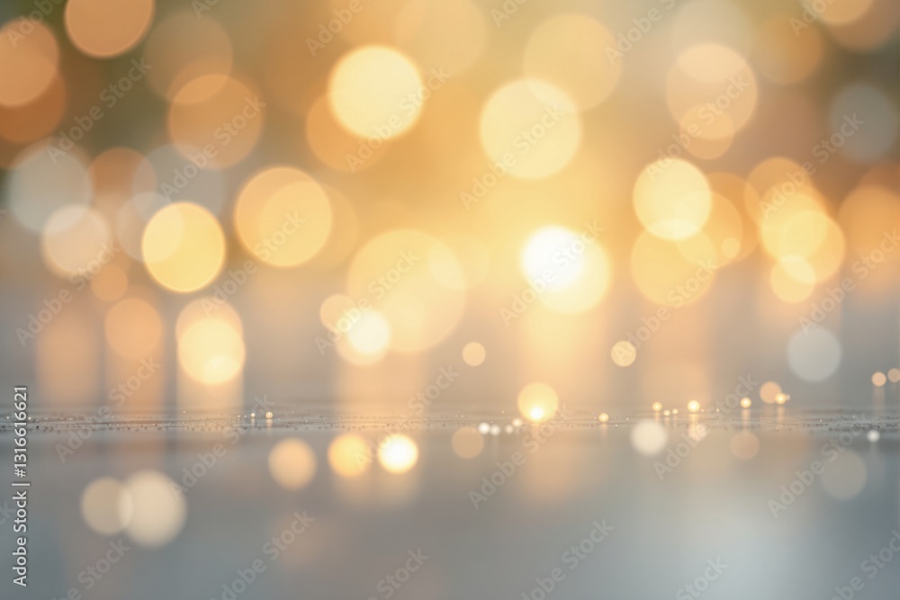 Poster defocused golden bokeh lights on a soft surface background, creating a warm and elegant atmosphere. 
