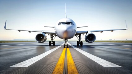 Obraz premium Airport Runway Markings Closeup with Airplane Departure Background - Stock Photo