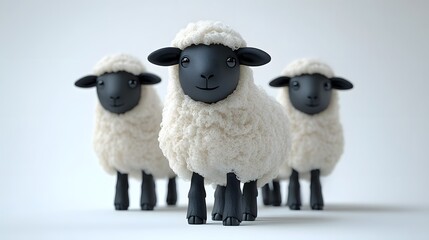 Fototapeta premium Whimsical Flock of Fluffy White and Black Sheep in Green Meadow
