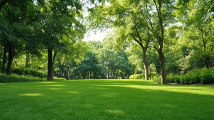 Lush Green Park Landscape with Sunlight Shining Through Trees