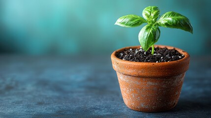 A small green basil plant growing in a terracotta pot, set against a soft, blurred background.