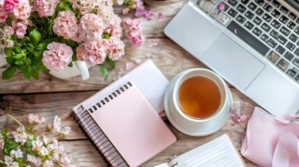 Fresh Floral Arrangement with Laptop and Note-taking Stationery