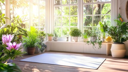 Fototapeta premium Bright and Lush Indoor Space with Yoga Mat and Natural Light