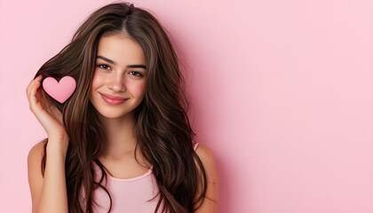 Fototapeta premium Beautiful young woman with hair in shape of heart on pink background