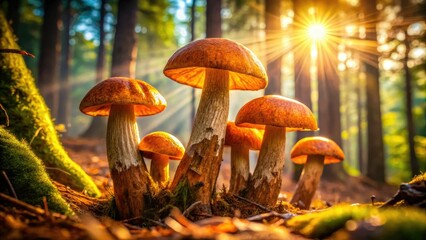 Enchanted forest: ethereal penny buns, magical boletus edulis, a fantasy scene unfolds.