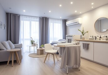 Modern, bright postpartum recovery suite with sofa, bed, and sink.