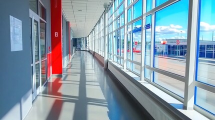 Obraz premium Modern building hallway with large windows and sunlight.