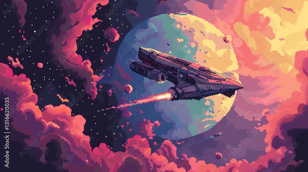 Poster pixel art of a spaceship flying through a colorful nebula with a large planet in the background.
