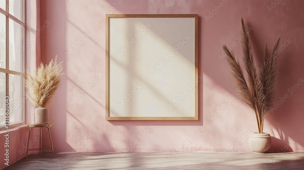 Poster soft light streams through large windows, casting gentle shadows on a pink wall that complements a m