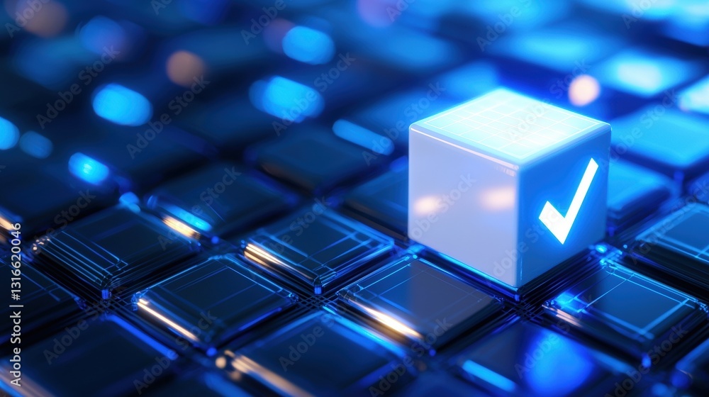 Poster a glowing checkmark icon on a dark keyboard, symbolizing verification or approval in a digital conte