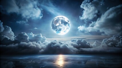 Fototapeta premium Serene Night A Full Moon Illuminates a Dramatic Cloudscape Over a Reflective Surface