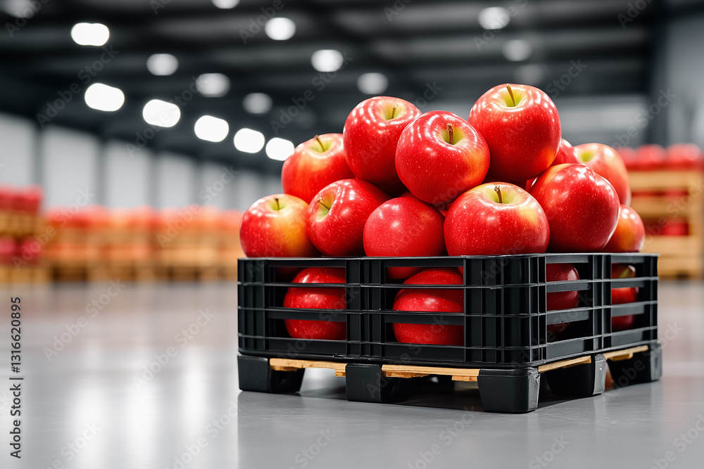 Aufkleber stacks of vivid red apples rest in sleek black crates, creating a striking visual in a clean, modern