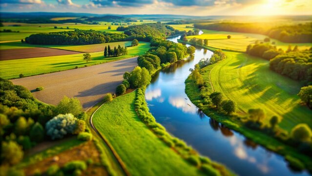 Serene River Landscape: Aerial Tilt-Shift Photography of Lush Fields