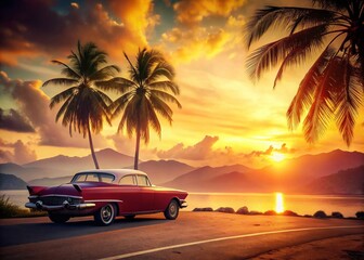 Silhouette of Classic Car at Sunset, Watercolor Travel Poster