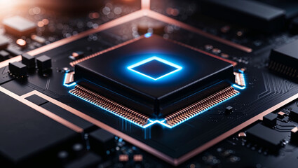 Obraz premium A sleek computer processor with a glowing blue square sits on a modern, complex circuit board.