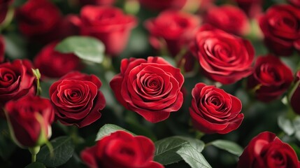 Close-up bouquet of vibrant red roses, romantic floral display