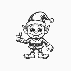 Black silhouette Cute kid wearing elf costume cartoon. Isolated on white background. New Year and Christmas vector icon.