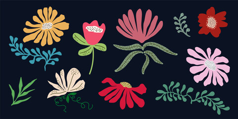 Floral elements with leaves and flowers. Botanical patterns in Colorful colors. Decorative flowers and leaves in primitive simple style on dark background. Boho set of vector elements isolated