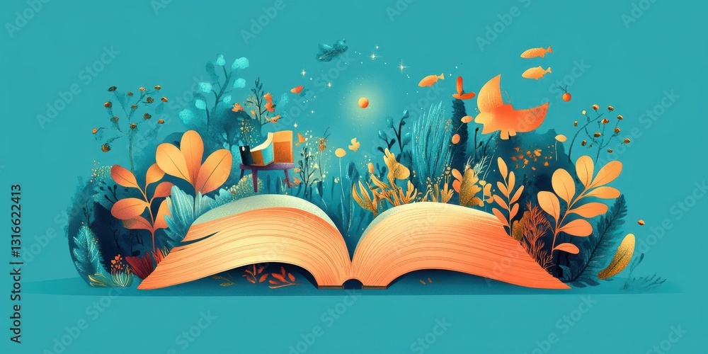 Poster an open book creating a dreamy and colorful imagination world