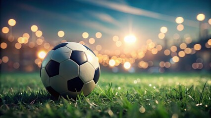 Fototapeta premium A single soccer ball rests on a lush green field, bathed in the warm glow of a twilight sky, illuminated by distant, blurred lights.