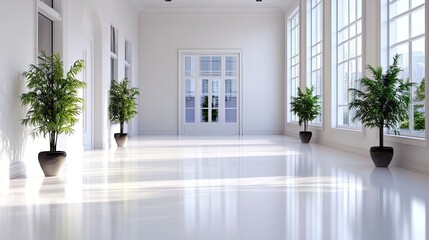 Obraz premium Bright and Spacious Modern Room with Large Windows and Greenery