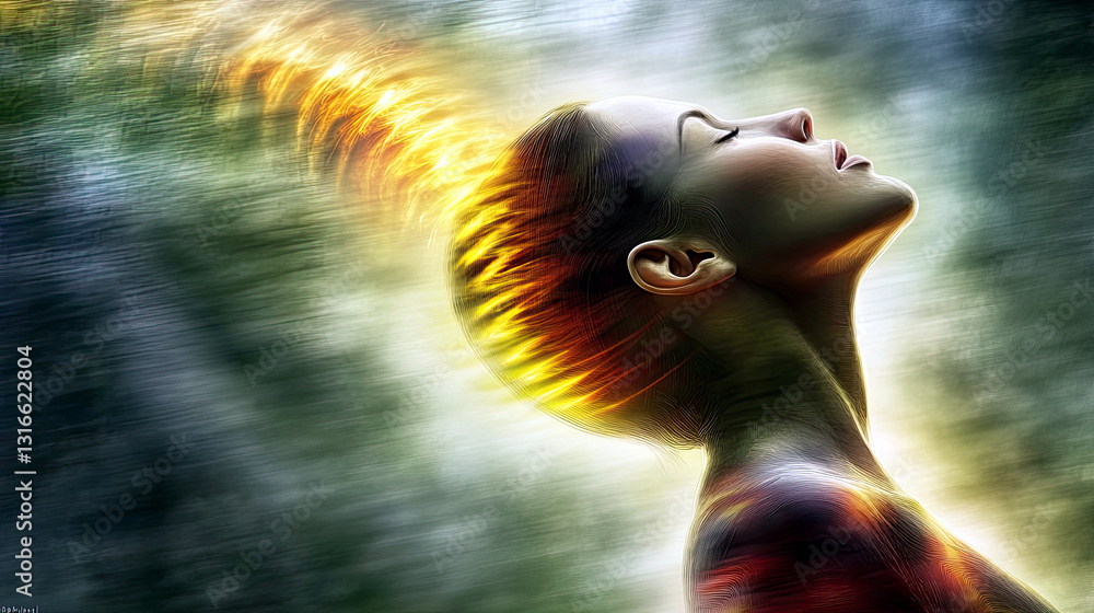 Poster Glowing Waves Flow From Scalp Down Spine in Serene Display of Energy and Tranquility