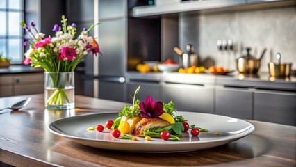 Gourmet Dish Presentation on Modern Kitchen Tabletop with Floral Arrangement