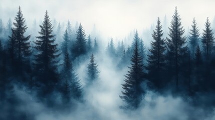 A Forest in Mist: Misty trees in a forest, watercolor, foggy, fog, fog, mist, dense, forest, trees