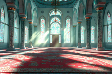 Spacious Mosque Interior Illuminated By Sunlight