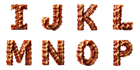 Creative food typography concept: Letters I, J, K, L, M, N, O, P made from crispy bacon strips on a white background