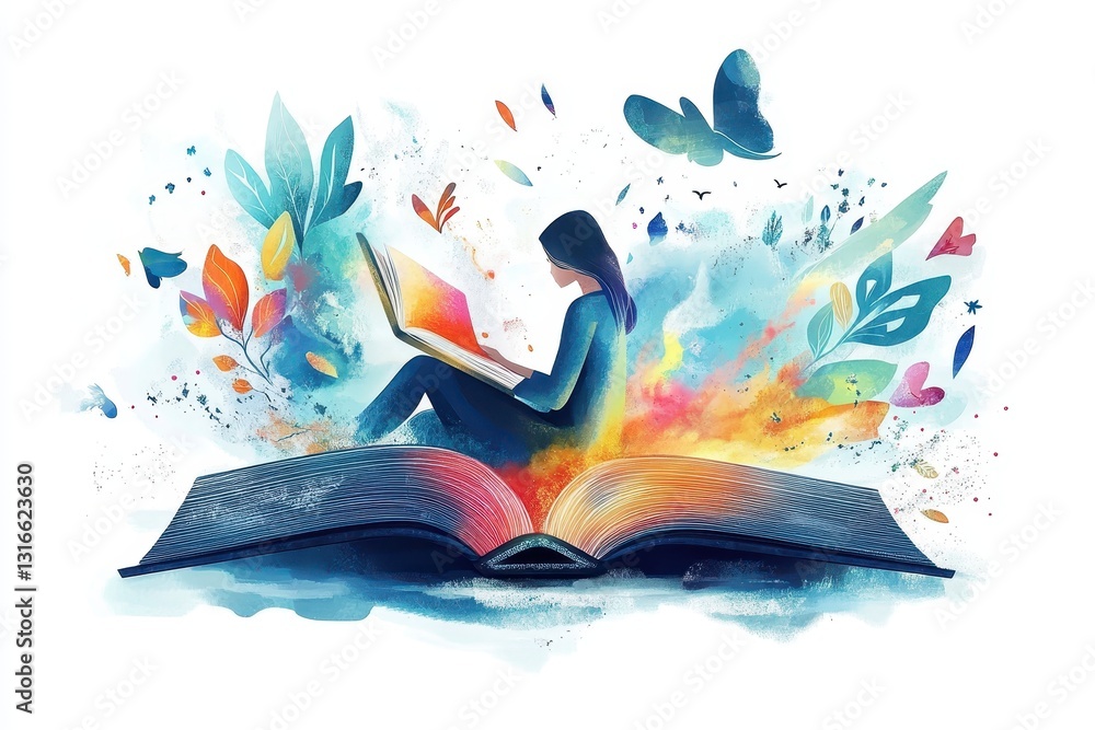 Poster a person is reading from an open book with art around