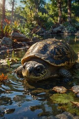 Fototapeta premium Graceful turtle swimming in a serene pond surrounded by lush greenery and sunlight 