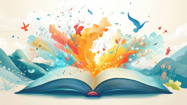 An open book inspires vibrant colors and flying birds freely