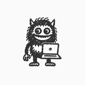 recommend clip art: Internet troll with computer. Funny cartoon vector illustration of Cute monster working using a laptop Isolated vector illustration