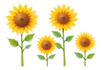 Fototapeta premium Four sunflowers illustrated in a children's book style, showing different angles and stages of bloom with vibrant yellow petals and lush green leaves.
