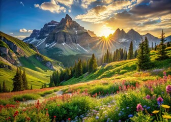 High-resolution images showcase majestic summer mountain peaks, composed using the rule of thirds, capturing scenic landscapes.