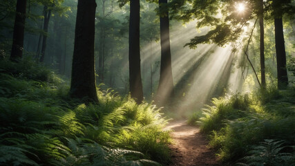Obraz premium A serene forest path is illuminated by golden sunbeams, creating a tranquil and inviting natural setting.