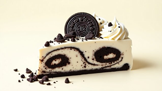 Layered Cake Slice with Oreo Topping, Vanilla Cream Filling & Chocolate Crumbs
