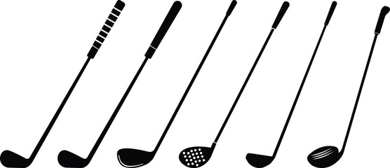 Golf club icon set.golf stick for sports apps, websites and design element. Game equipment. Professional sport, classic golf club for official competitions and tournaments. Isolated illustration.