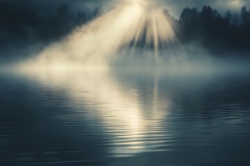 Serene Misty Landscape with Beams of Light Reflecting , Atmospheric Peaceful Nature Photography