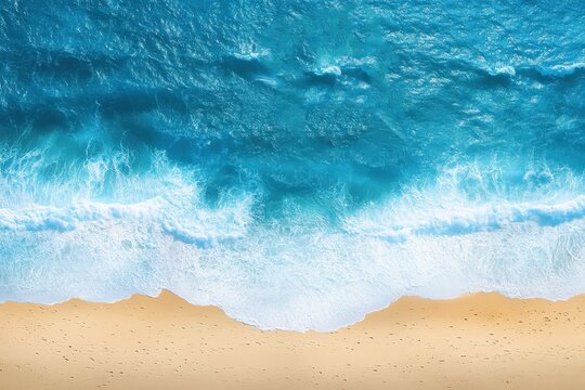 An overhead view of ocean waves meeting sandy beach shore