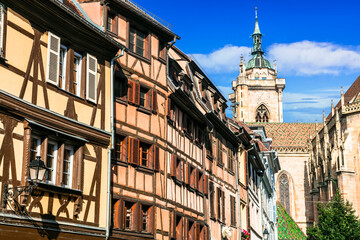 France, Alsace region and most scenic villages. Colorful traditional town Colmar, with typical half timbered houses.  popular tourist attraction, wine route destination