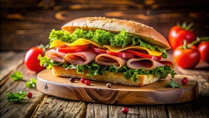 Long exposure captures a delectable ham, tomato, and cheese sandwich, its textures beautifully blurred on rustic wood.