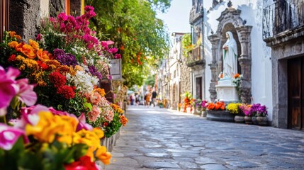 Fototapeta premium Colorful Flower Display Along Cobblestone Street with Statue