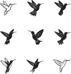 Obraz premium hummingbird hovering silhouet black and white vector illustration logo art bundle set